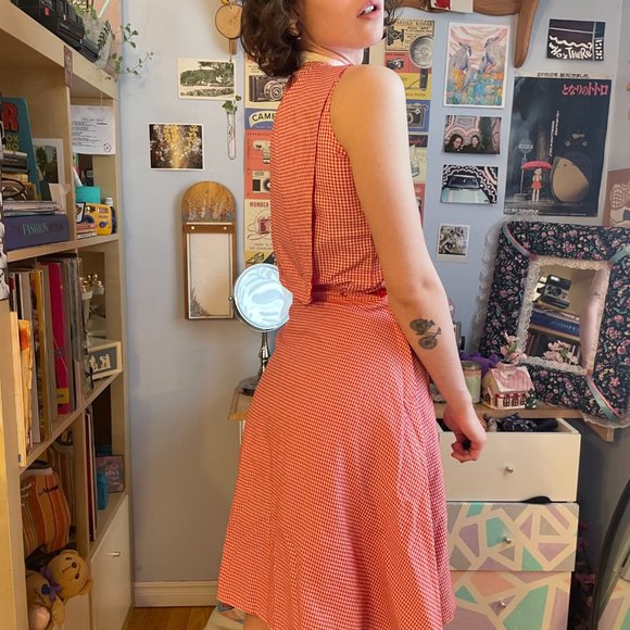 50s gingham plaid Honeylane XXS plaid circle skirt, sleeveless shirt, and bib! - Picture 9 of 16